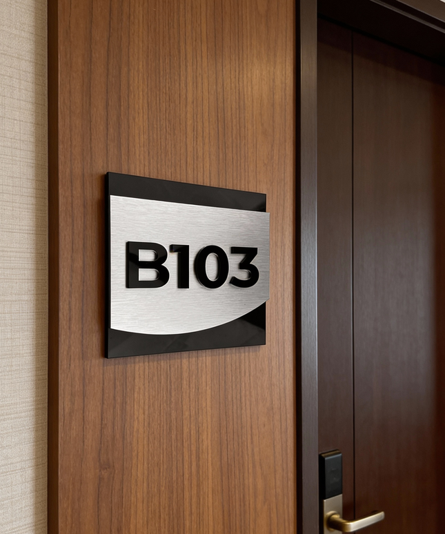 ALUMADESIGNCO brushed silver suite room signage with raised 3D acrylic numbers, modern door signage for hotel suites, apartments, Airbnb properties, and offices