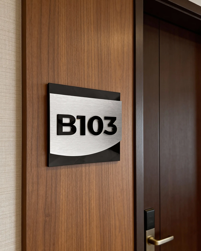 ALUMADESIGNCO brushed silver suite room signage with raised 3D acrylic numbers, modern door signage for hotel suites, apartments, Airbnb properties, and offices