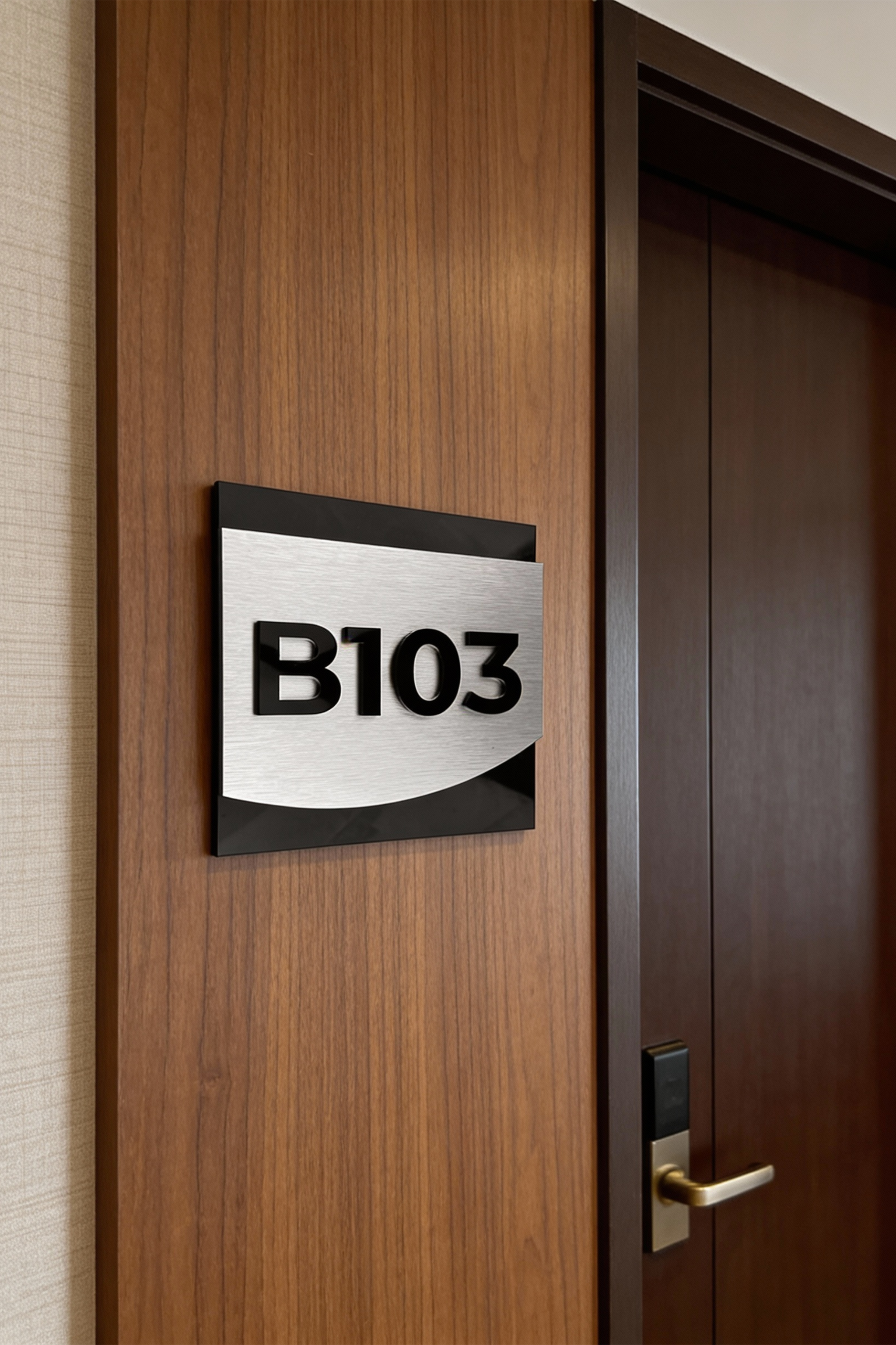 ALUMADESIGNCO brushed silver suite room signage with raised 3D acrylic numbers, modern door signage for hotel suites, apartments, Airbnb properties, and offices