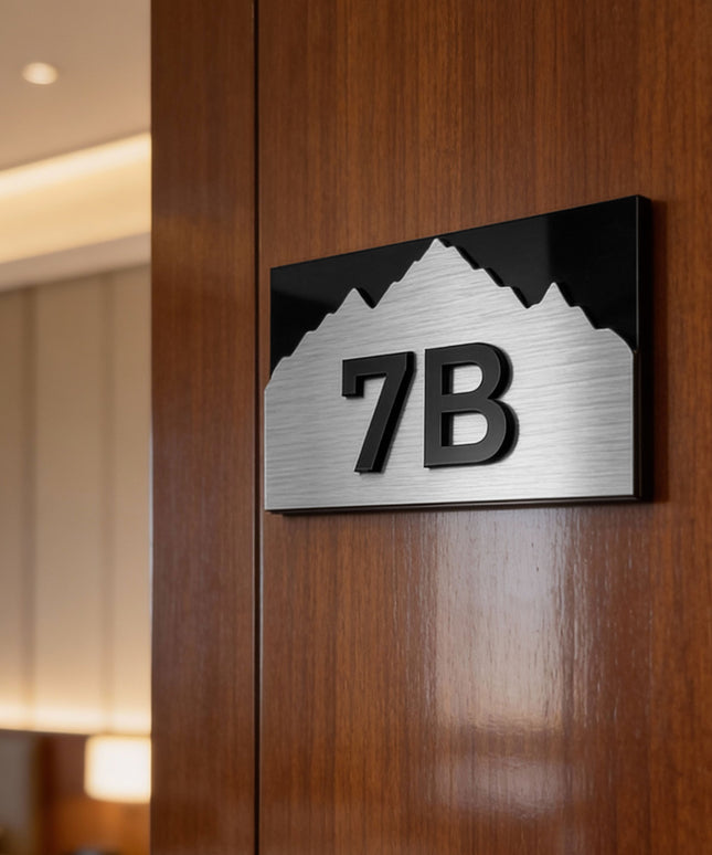 ALUMADESIGNCO Alpine 3D layered door number sign with raised acrylic numbers, premium signage for hotels, offices, and residential interiors