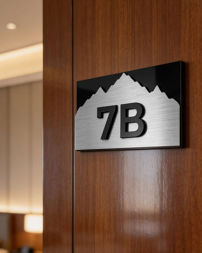 ALUMADESIGNCO Alpine 3D layered door number sign with raised acrylic numbers, premium signage for hotels, offices, and residential interiors