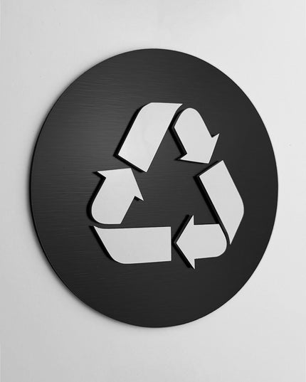 ALUMADESIGNCO recycling signage with modern lettering, premium waste sorting sign for offices, hotels, apartments, cafés, and commercial interiors