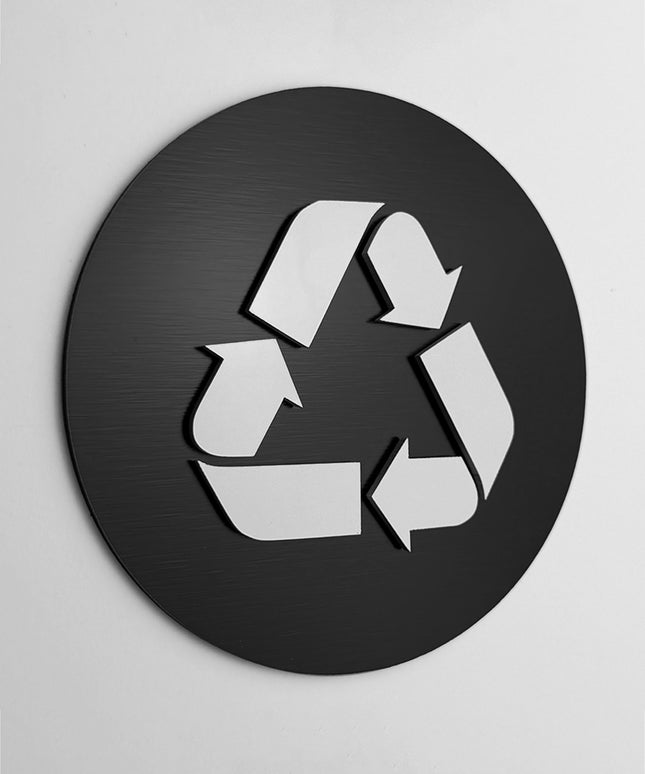 ALUMADESIGNCO recycling signage with modern lettering, premium waste sorting sign for offices, hotels, apartments, cafés, and commercial interiors