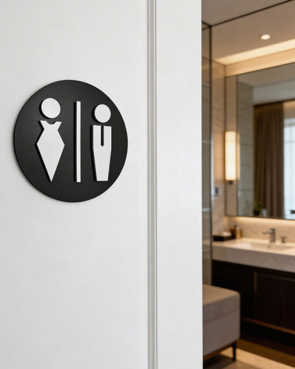 ALUMADESIGNCO male and female restroom sign for doors, premium bathroom wayfinding signage for offices, hotels, apartments, and commercial spaces