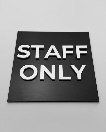ALUMADESIGNCO restricted access door sign with minimalist design, premium staff only signage for offices, hospitality spaces, and commercial buildings