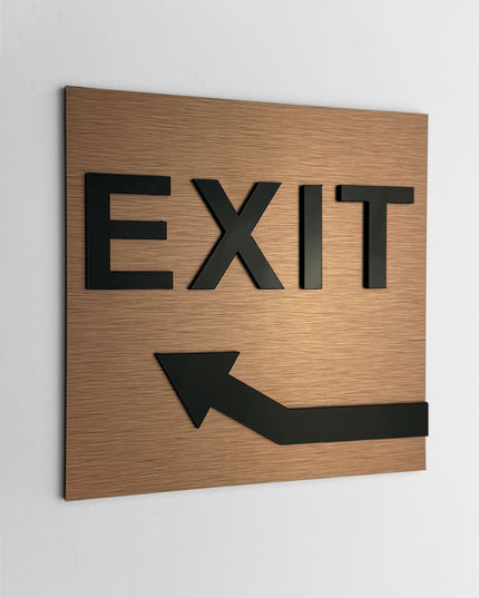 ALUMADESIGNCO exit signage with upstairs arrow and minimalist modern style, wayfinding signage for offices, hotels, apartments, and contemporary interiors