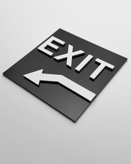 ALUMADESIGNCO exit direction sign with down left arrow and minimalist design, premium wayfinding signage for hotels, offices, and commercial buildings