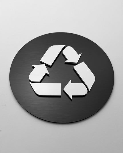 Recycling sign by ALUMADESIGNCO, stylish waste management plaque for offices, restaurants, hotels, and modern interior spaces