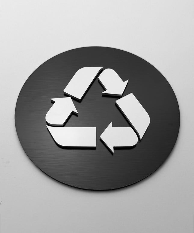 Recycling sign by ALUMADESIGNCO, stylish waste management plaque for offices, restaurants, hotels, and modern interior spaces