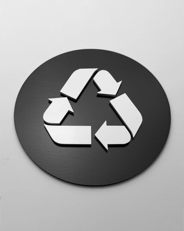 Recycling sign by ALUMADESIGNCO, stylish waste management plaque for offices, restaurants, hotels, and modern interior spaces