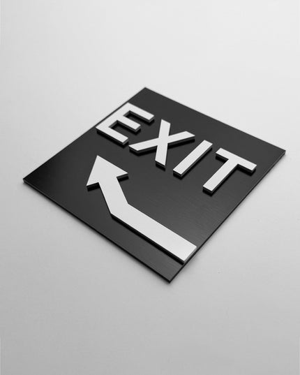 ALUMADESIGNCO exit direction sign with upstairs arrow and minimalist design, premium wayfinding signage for hotels, offices, and commercial buildings