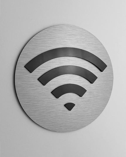 Modern WiFi sign for guest room by ALUMADESIGNCO featuring clean elegant style, guest information signage for hotels, Airbnb properties, and apartment interiors