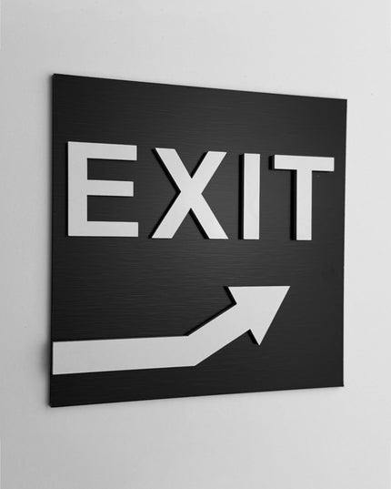 ALUMADESIGNCO exit sign for doors and walls with upstairs arrow, premium wayfinding signage for offices, hotels, apartments, and commercial spaces