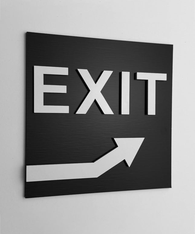ALUMADESIGNCO exit sign for doors and walls with upstairs arrow, premium wayfinding signage for offices, hotels, apartments, and commercial spaces