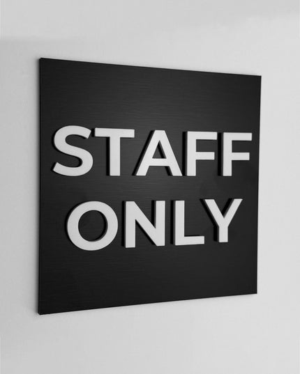 ALUMADESIGNCO employee only sign for doors, premium staff area wayfinding signage for offices, hotels, warehouses, and commercial spaces