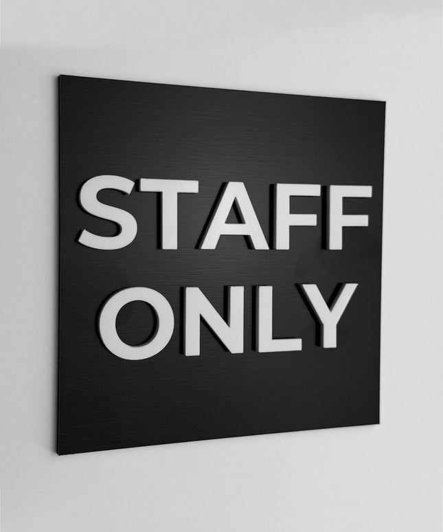ALUMADESIGNCO employee only sign for doors, premium staff area wayfinding signage for offices, hotels, warehouses, and commercial spaces