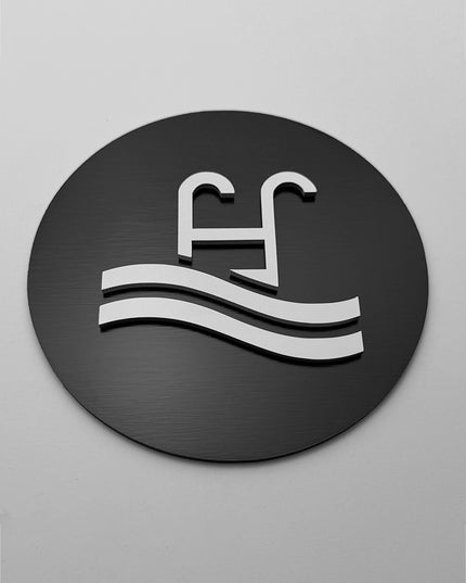 ALUMADESIGNCO swimming pool area sign with minimalist design, premium wayfinding signage for resorts, spas, hotels, and commercial spaces