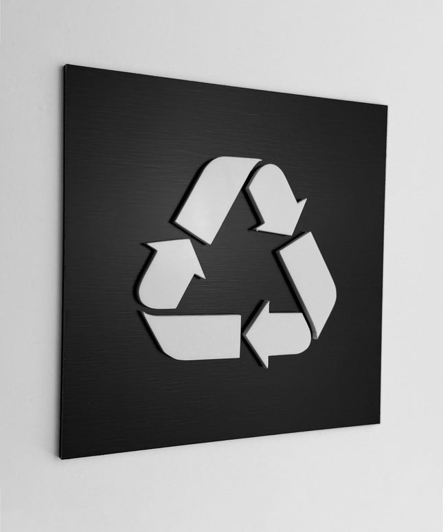 ALUMADESIGNCO trash recycle sign with modern lettering, premium waste sorting signage for offices, hotels, apartments, cafés, and commercial interiors