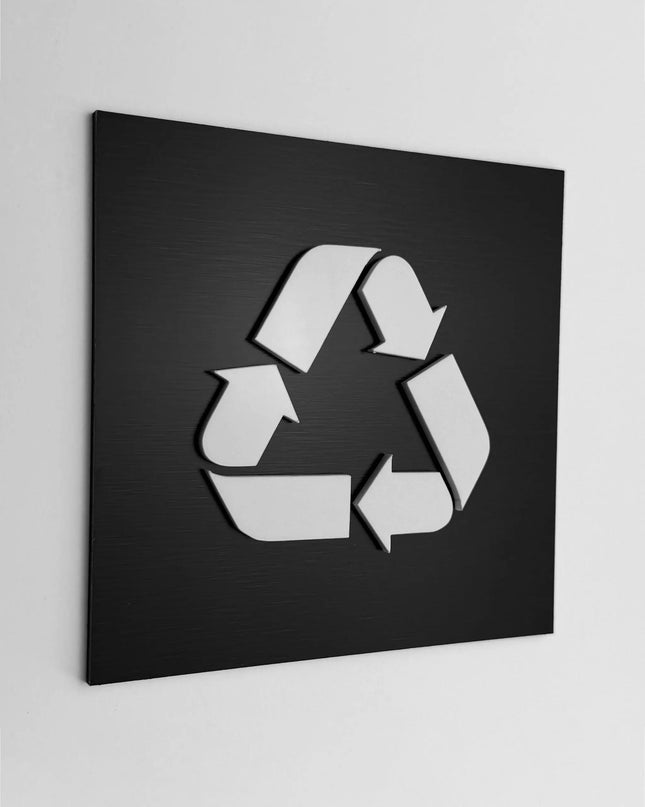 ALUMADESIGNCO trash recycle sign with modern lettering, premium waste sorting signage for offices, hotels, apartments, cafés, and commercial interiors