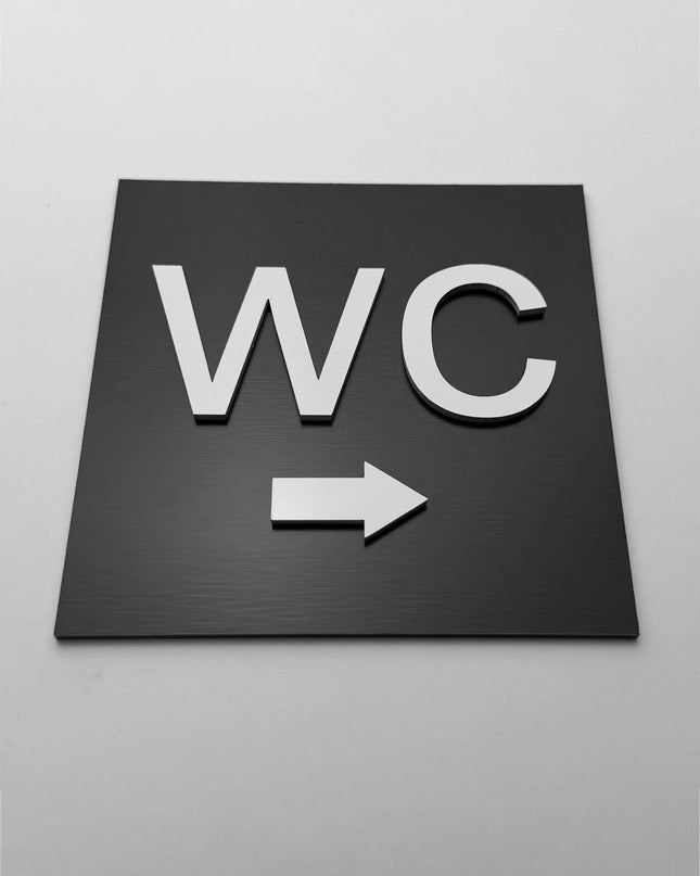 WC right only sign by ALUMADESIGNCO, stylish toilet direction plaque for hotels, offices, restaurants, and public interior spaces