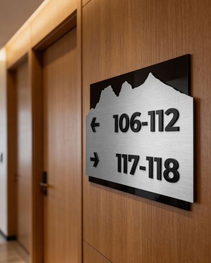 ALUMADESIGNCO directional wayfinding sign with brushed silver plaque and black acrylic text, modern signage for offices, hotels, apartments, and commercial interiors
