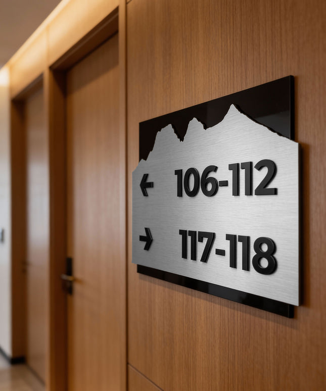 ALUMADESIGNCO directional wayfinding sign with brushed silver plaque and black acrylic text, modern signage for offices, hotels, apartments, and commercial interiors