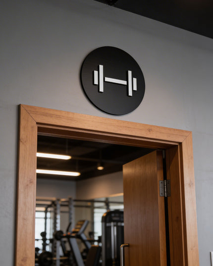 ALUMADESIGNCO gym door sign for fitness spaces, premium interior wayfinding signage for hotels, offices, apartments, and commercial spaces
