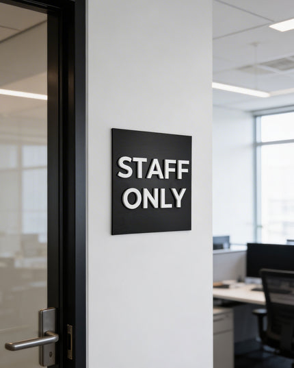 Premium staff only plaque by ALUMADESIGNCO, modern restricted access sign for hospitality interiors, offices, and public buildings