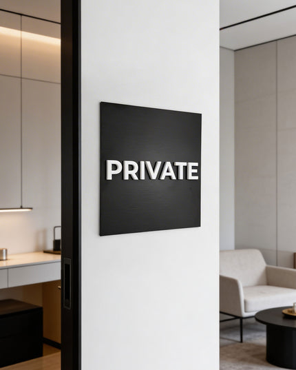 Modern private room sign by ALUMADESIGNCO featuring clean elegant style, door signage for offices, hotels, studios, and contemporary interiors