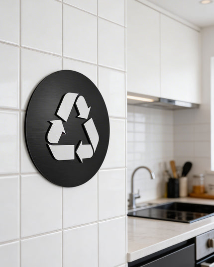 Modern recycling signage by ALUMADESIGNCO featuring clean professional style, elegant waste sorting sign for hotels, cafés, offices, and public interiors
