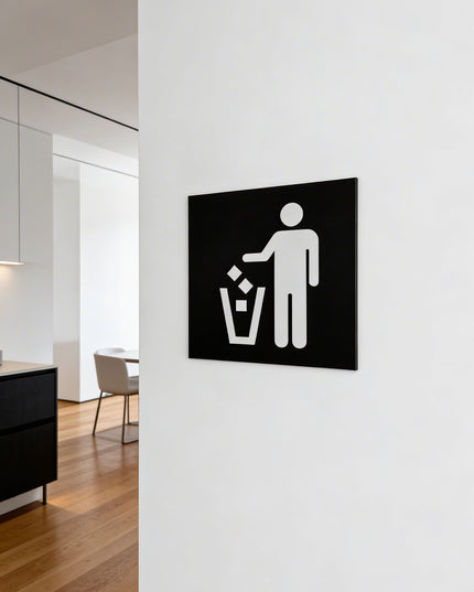 Modern garbage recycle sign by ALUMADESIGNCO featuring clean professional style, elegant waste sorting signage for hotels, cafés, offices, and public interiors