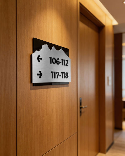 Modern wayfinding sign by ALUMADESIGNCO combining brushed silver metal panel and black acrylic text, stylish directional signage for interior spaces