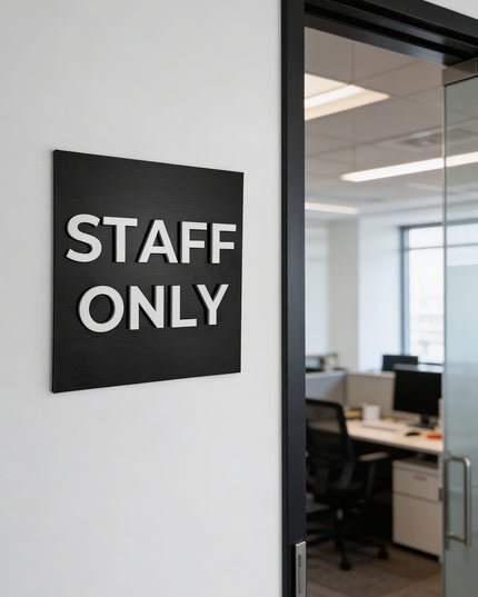 ALUMADESIGNCO staff only door sign with minimalist modern style, restricted area signage for offices, hotels, warehouses, and contemporary interiors
