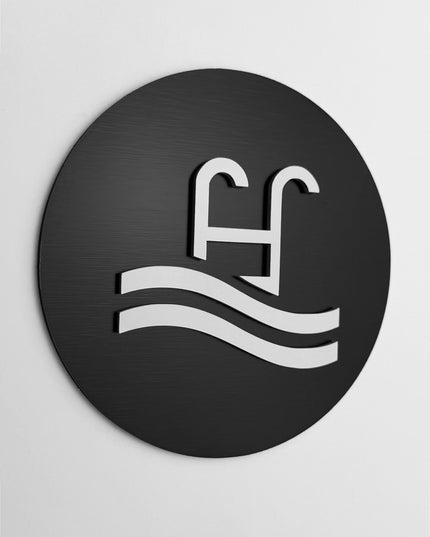 ALUMADESIGNCO pool area sign with modern lettering, premium directional signage for hotels, resorts, apartments, spas, and contemporary interiors