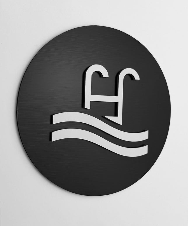 ALUMADESIGNCO pool area sign with modern lettering, premium directional signage for hotels, resorts, apartments, spas, and contemporary interiors