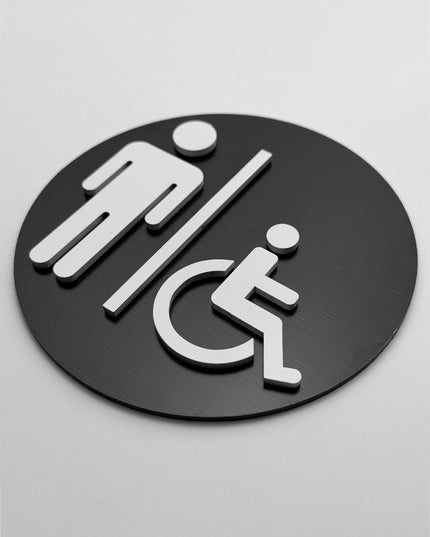 ALUMADESIGNCO male and wheelchair accessible bathroom door sign with minimalist design, stylish restroom signage for offices, hospitality spaces, and commercial buildings