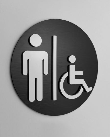 ALUMADESIGNCO men and handicap bathroom sign with male and wheelchair symbols, premium accessible restroom door signage for offices, hotels, cafés, and commercial interiors