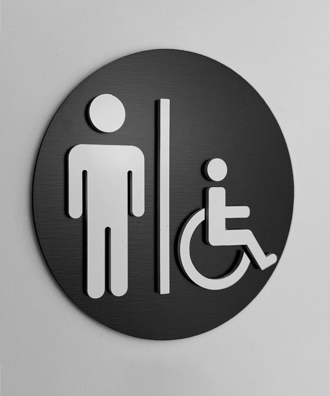 ALUMADESIGNCO men and handicap bathroom sign with male and wheelchair symbols, premium accessible restroom door signage for offices, hotels, cafés, and commercial interiors
