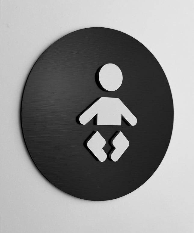 ALUMADESIGNCO baby change bathroom sign with modern pictogram, premium restroom door signage for hotels, restaurants, offices, and family facilities