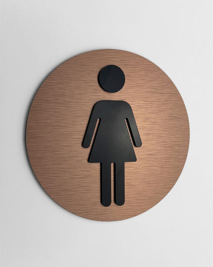 ALUMADESIGNCO female restroom signage with minimalist modern style, elegant bathroom door sign for offices, hotels, cafés, and contemporary interiors