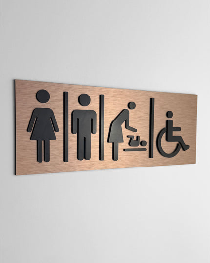 ALUMADESIGNCO all gender restroom door sign with minimalist modern style, bathroom signage for offices, hotels, cafés, and contemporary interiors