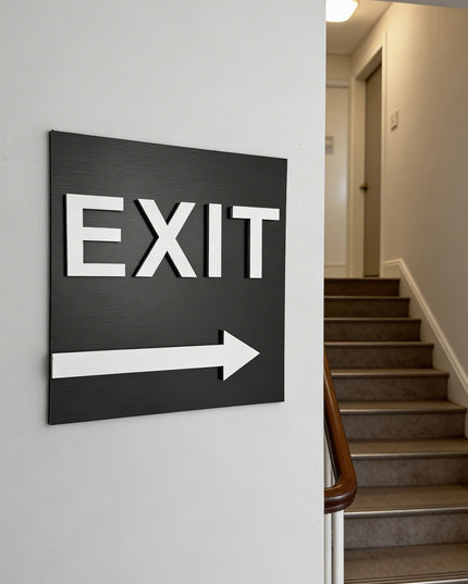 Modern exit right arrow sign by ALUMADESIGNCO featuring clean directional style, elegant interior signage for hotels, cafés, offices, and public interiors