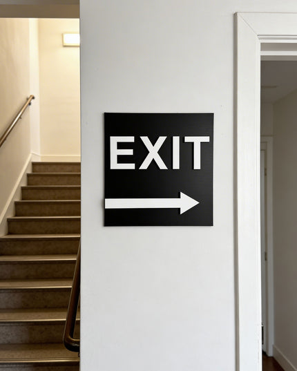 ALUMADESIGNCO exit sign for doors and walls with right arrow, premium wayfinding signage for offices, hotels, apartments, and commercial spaces