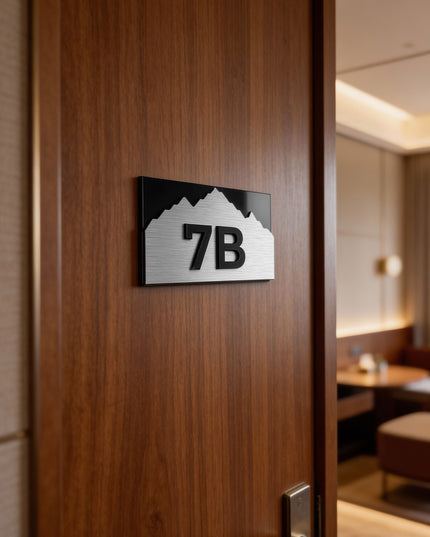 Modern Alpine Design 3D layered room number plaque by ALUMADESIGNCO combining layered materials and acrylic numbers, stylish door signage for hotels and apartments