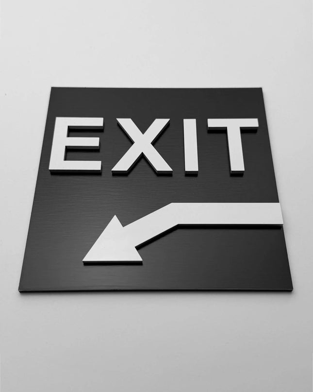 Exit arrow sign down left by ALUMADESIGNCO, stylish directional plaque for corridors, offices, hotels, and public interior spaces