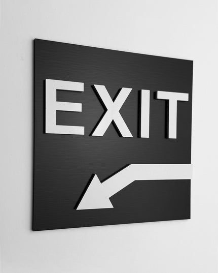 ALUMADESIGNCO exit arrow sign down left with modern directional design, premium wayfinding signage for offices, hotels, apartments, and commercial interiors