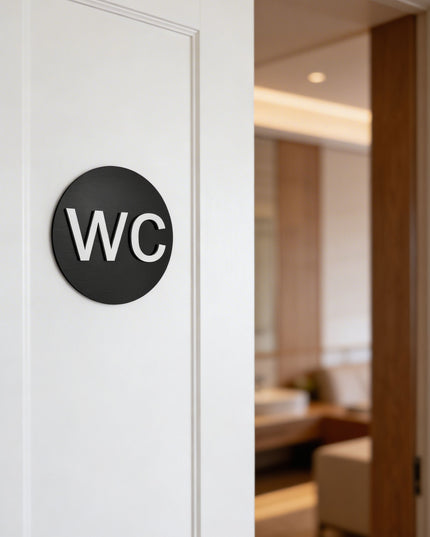 ALUMADESIGNCO WC toilet sign for doors, premium restroom wayfinding signage for offices, hotels, apartments, and commercial spaces