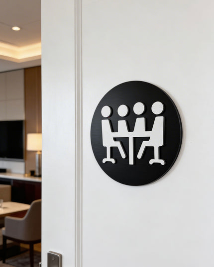 Modern acrylic conference room sign by ALUMADESIGNCO featuring clean professional style, elegant door signage for offices, boardrooms, and hospitality interiors