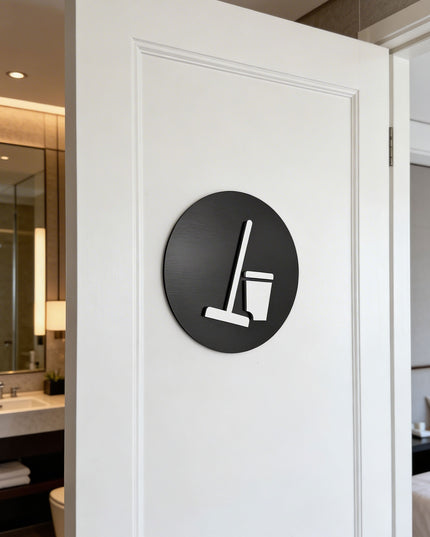 Modern hotel room cleaning sign by ALUMADESIGNCO featuring clean professional style, elegant door signage for hotels, resorts, and guest room interiors