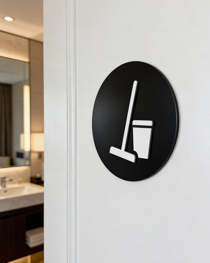 ALUMADESIGNCO room cleaning sign for hotel doors, premium housekeeping signage for hotels, apartments, Airbnb properties, and hospitality spaces